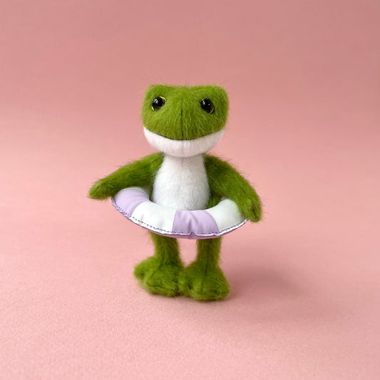 Mini frog teddy -  Green frog with a lilac swimming ring