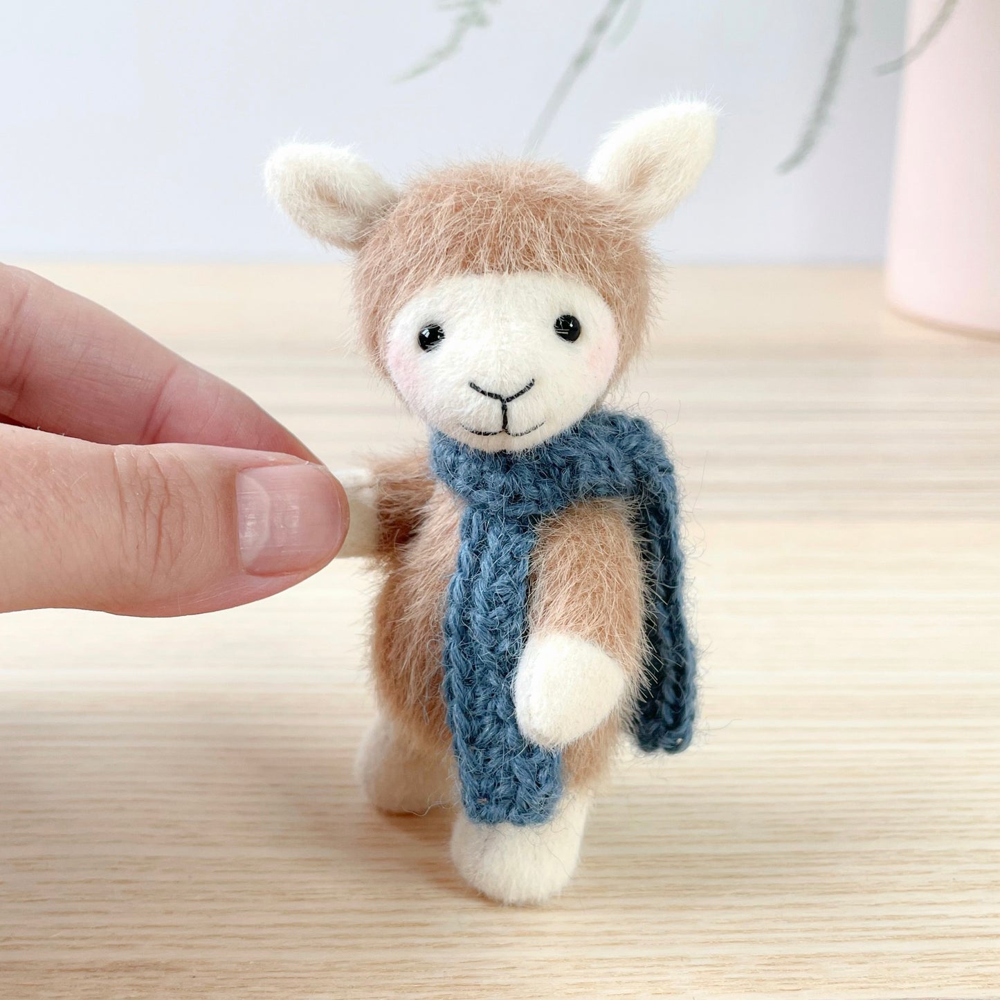 Mini alpaca teddy - dark beige with blue scarf